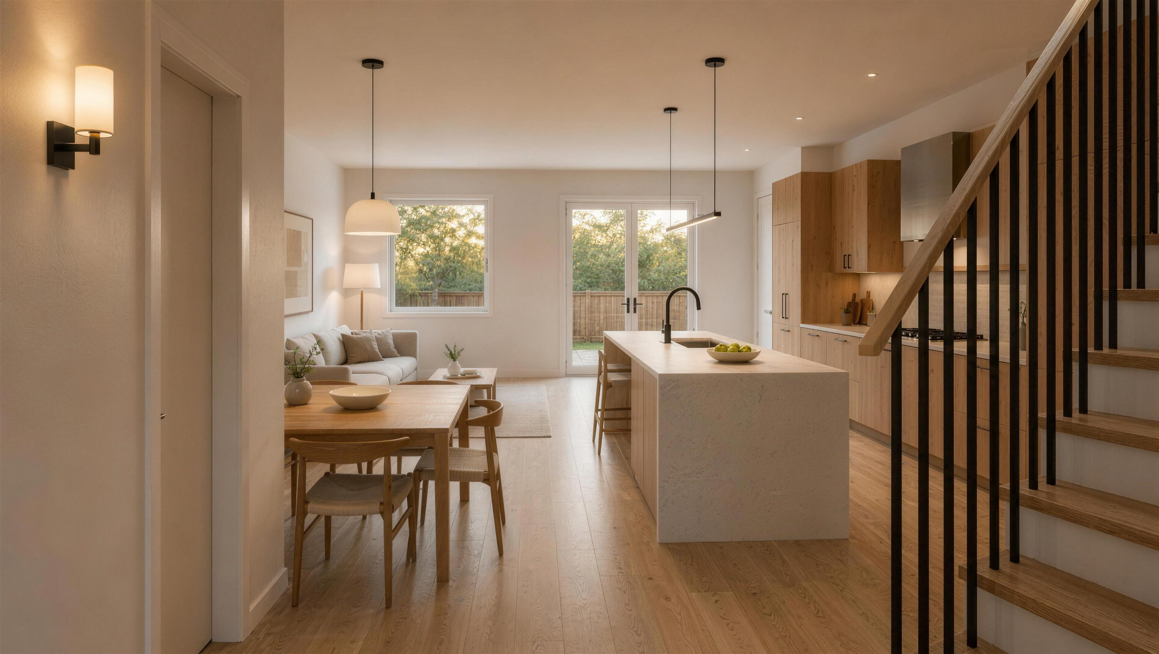 Plan B social floor with dining on the left, island in the centre and kitchen on the right