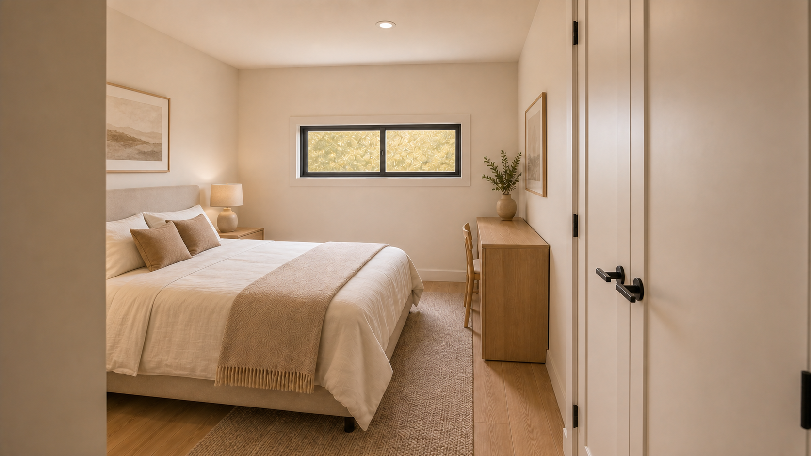 Plan A bedroom three with bed, desk, closet and exterior window