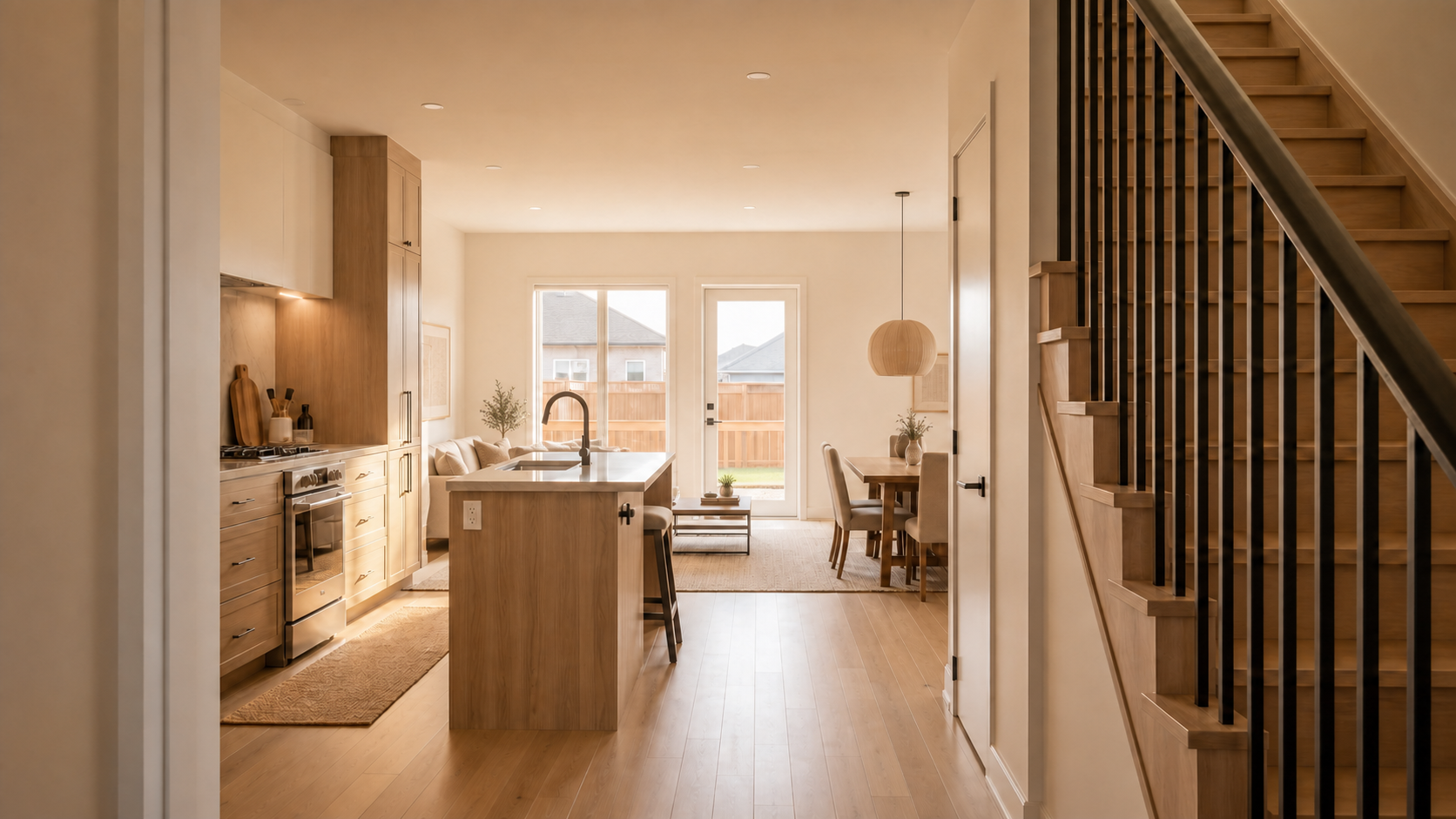 Plan A kitchen on the left, island in the centre, dining on the right and straight stair at right