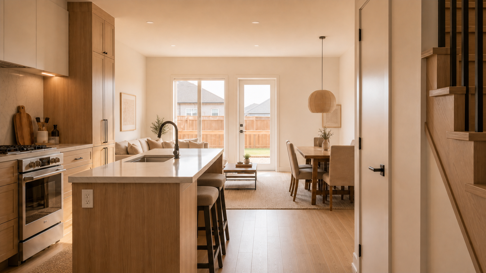 Plan A kitchen on the left, central island and dining area on the right
