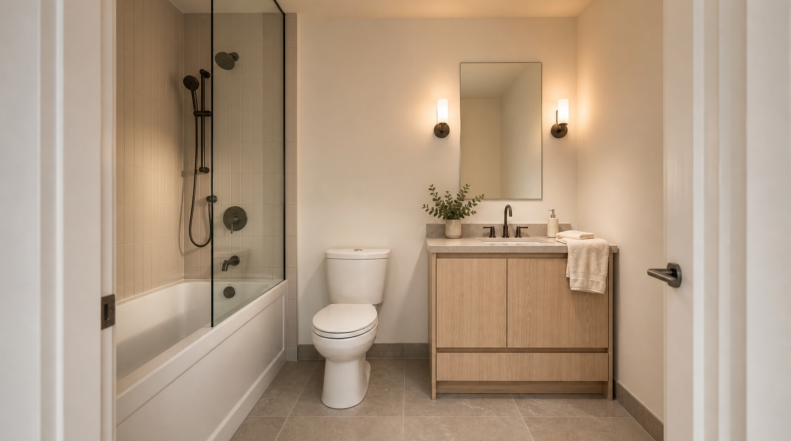Plan A internal bathroom with tub, toilet and vanity