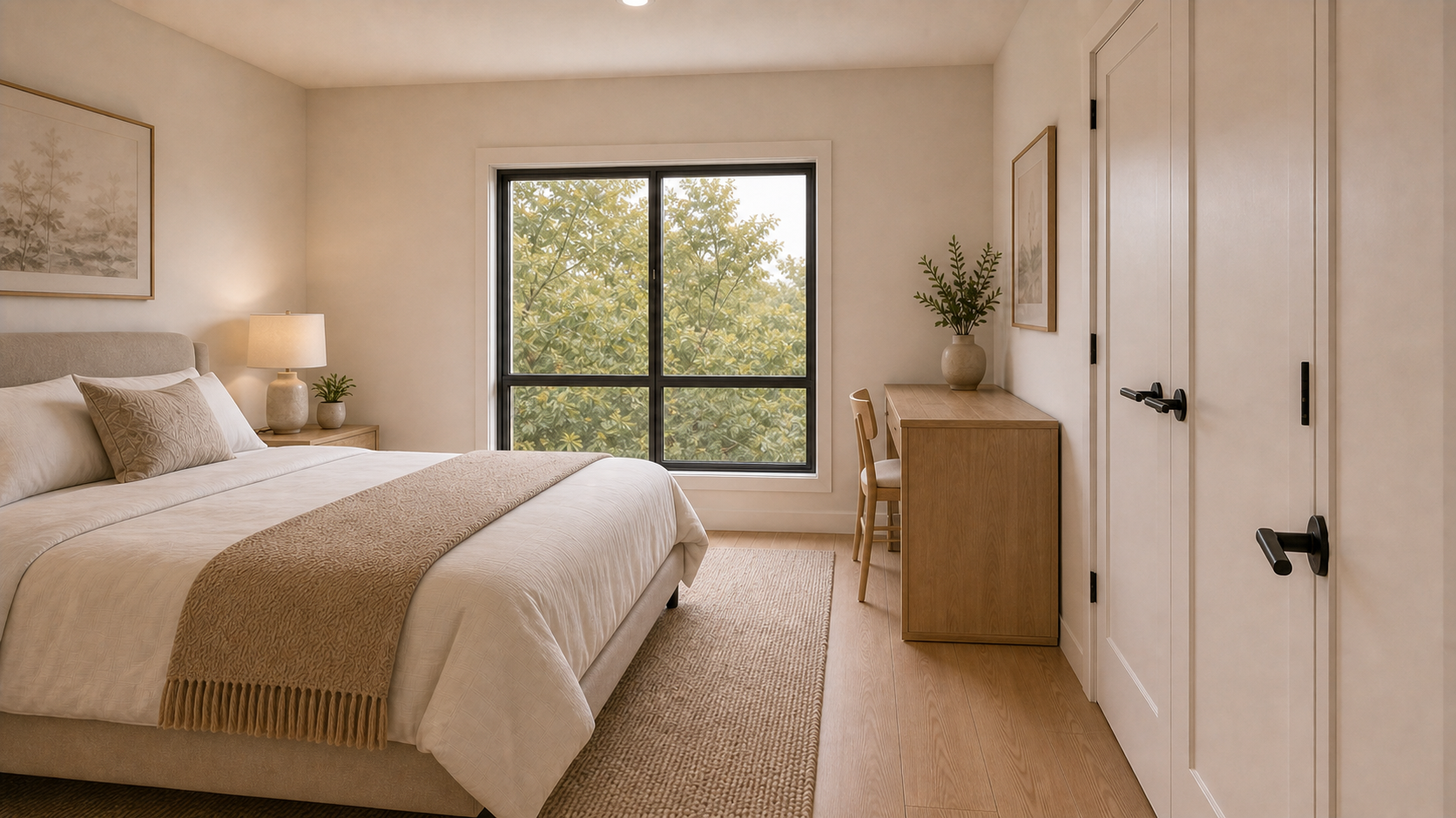 Plan B bedroom three with bed, desk, closet and exterior window