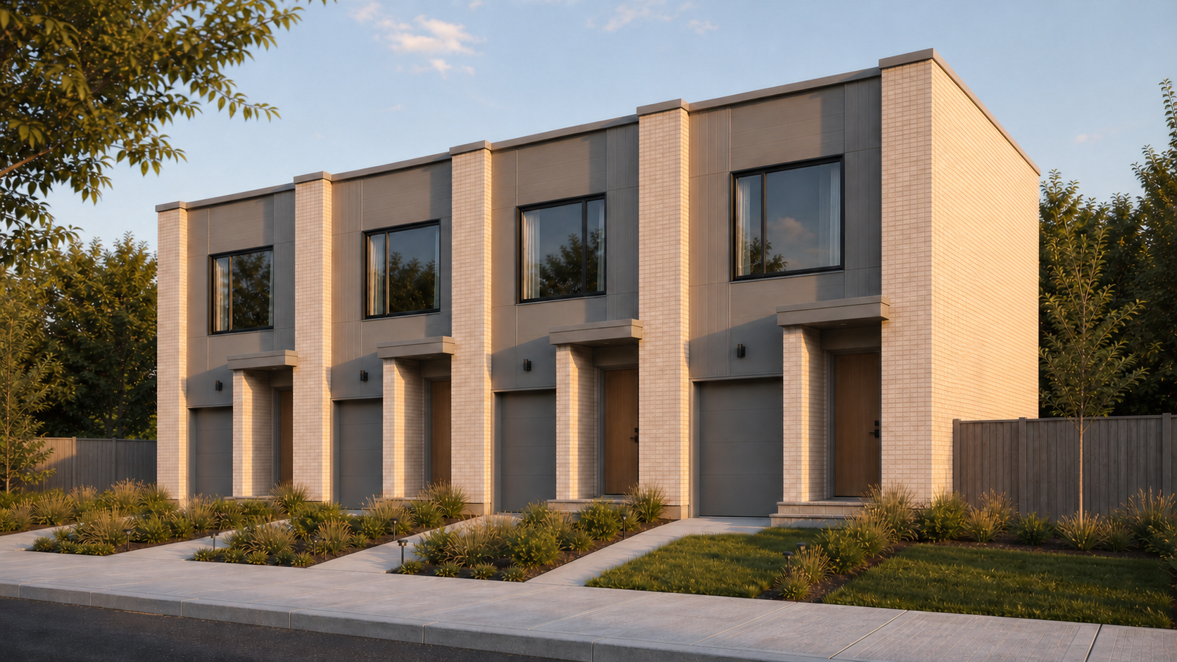Plan B exposed right-end townhouse unit seen from the sidewalk