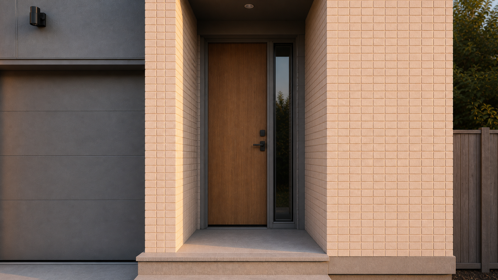 Plan B porch and front-door threshold viewed from the selected end-unit approach