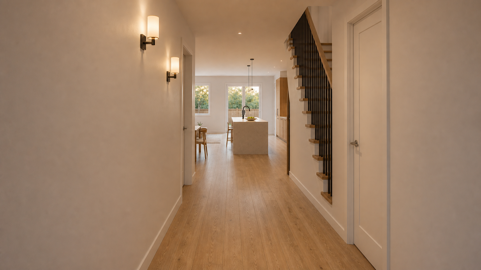 Plan B main-floor hall beside the straight stair