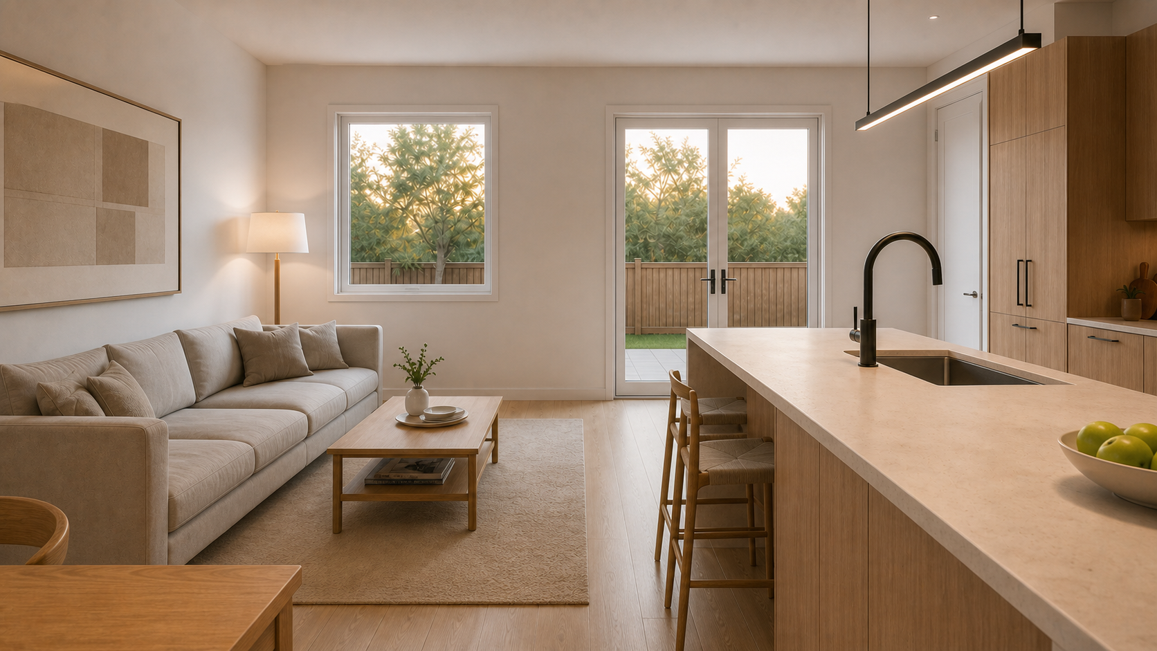 Plan B dining and living aisle with kitchen held to the right